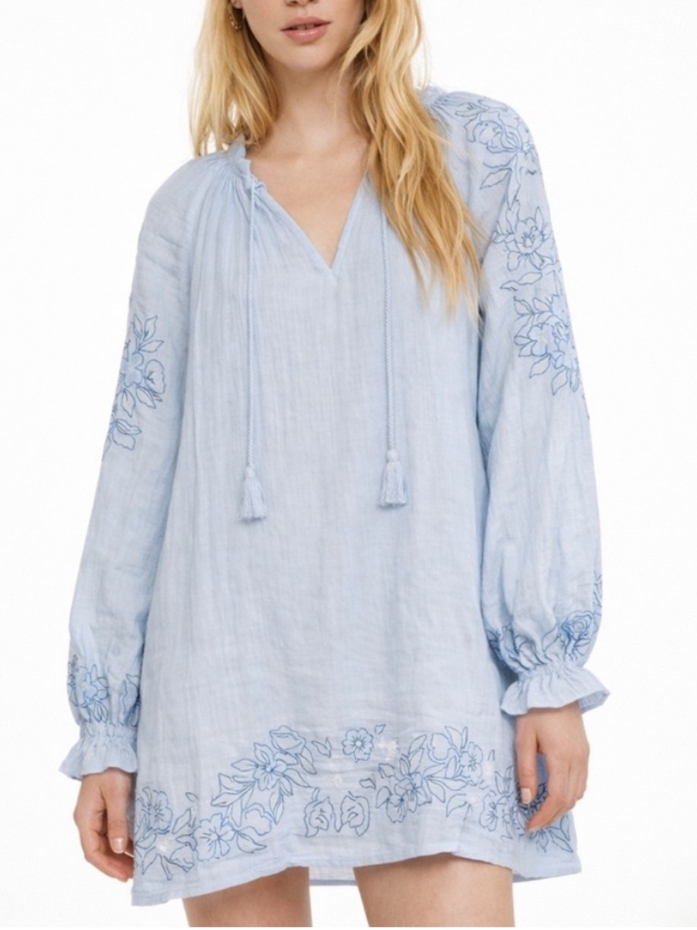Little Moon Aritzia Thalia floral embroidered cotton boho mini long sleeve dress